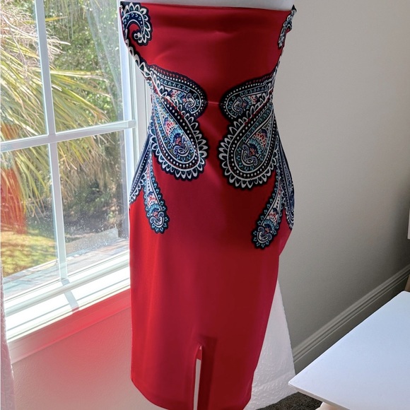 Express Red Sheath Paisley Strapless Dress - Picture 3 of 5